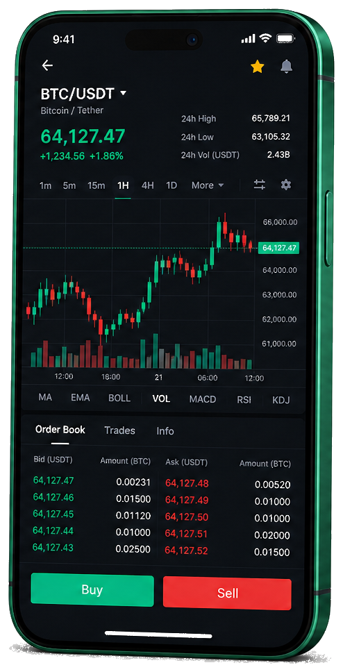 Bitrevo Circle mobile app — live BTC/USDT chart, order book, and trading interface